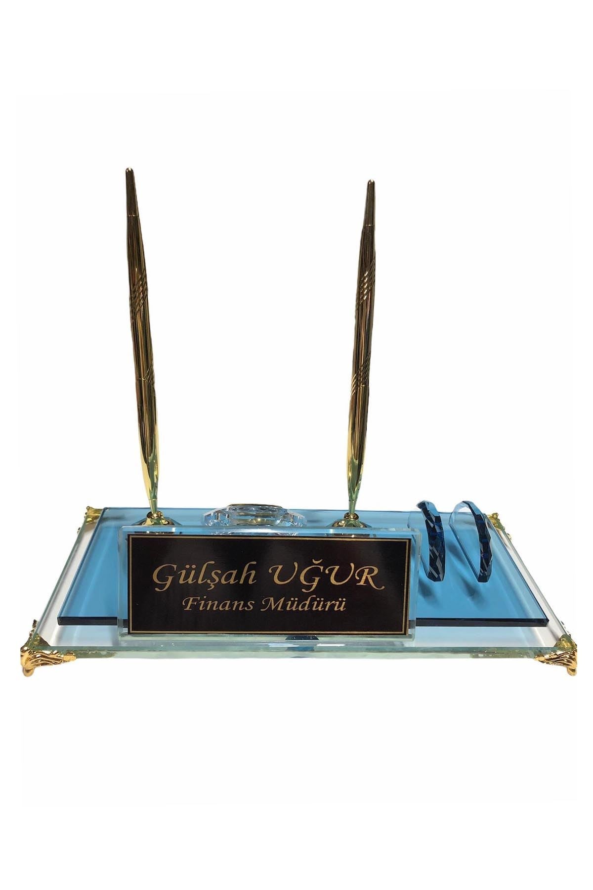 MOOG Blue Glass Desk Name Plate With Clock - themonogram manor 