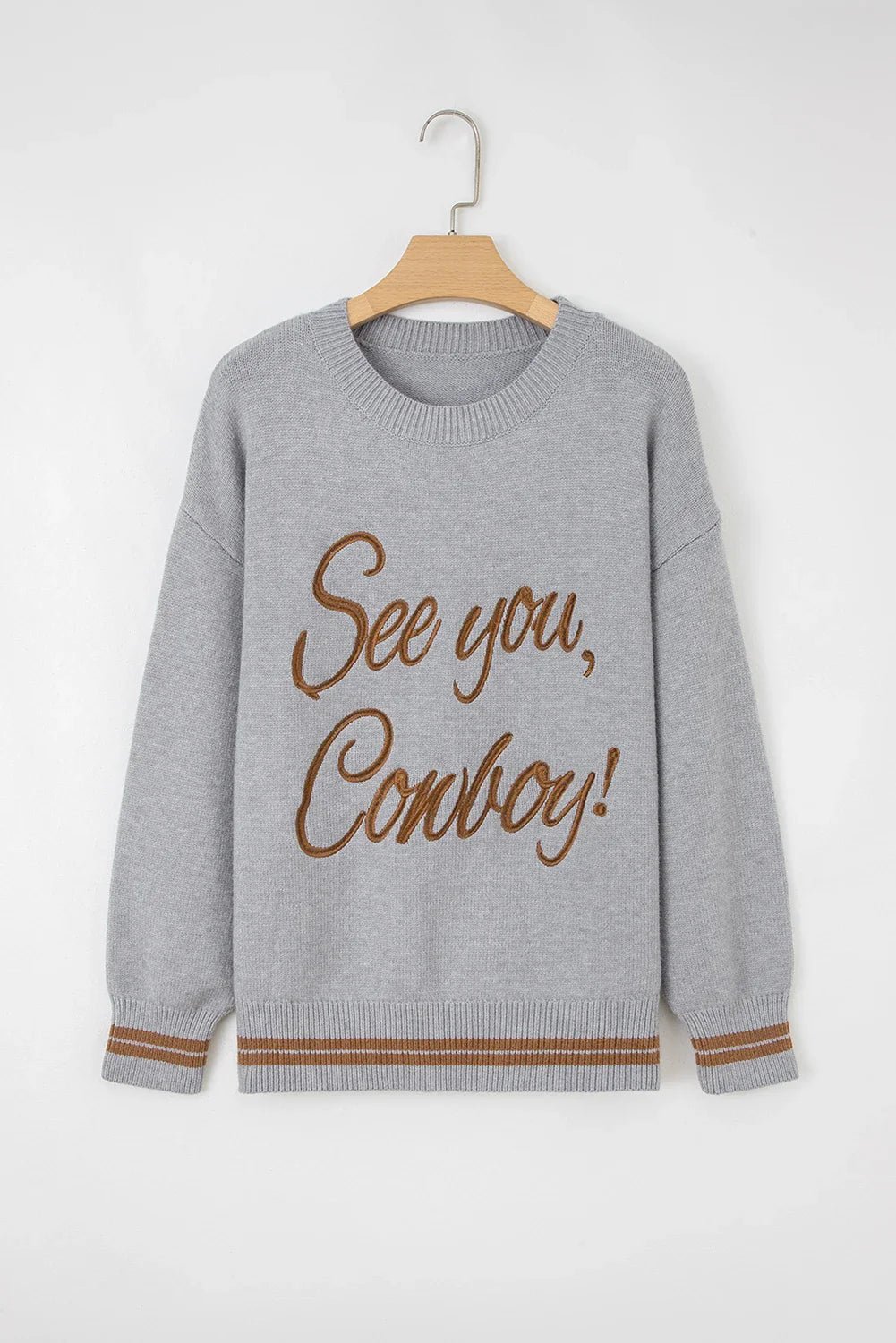 Western See You Cowboy Embroidered Stripe Cuff Sweater - themonogram manor 