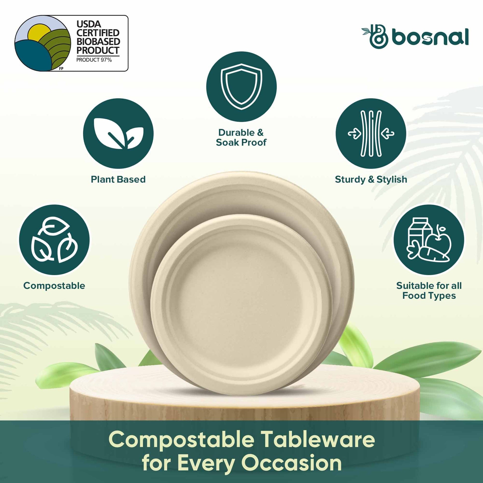 Bosnal – Sugarcane Bagasse Compostable 10 inch and 7 inch Round Plates - themonogram manor 