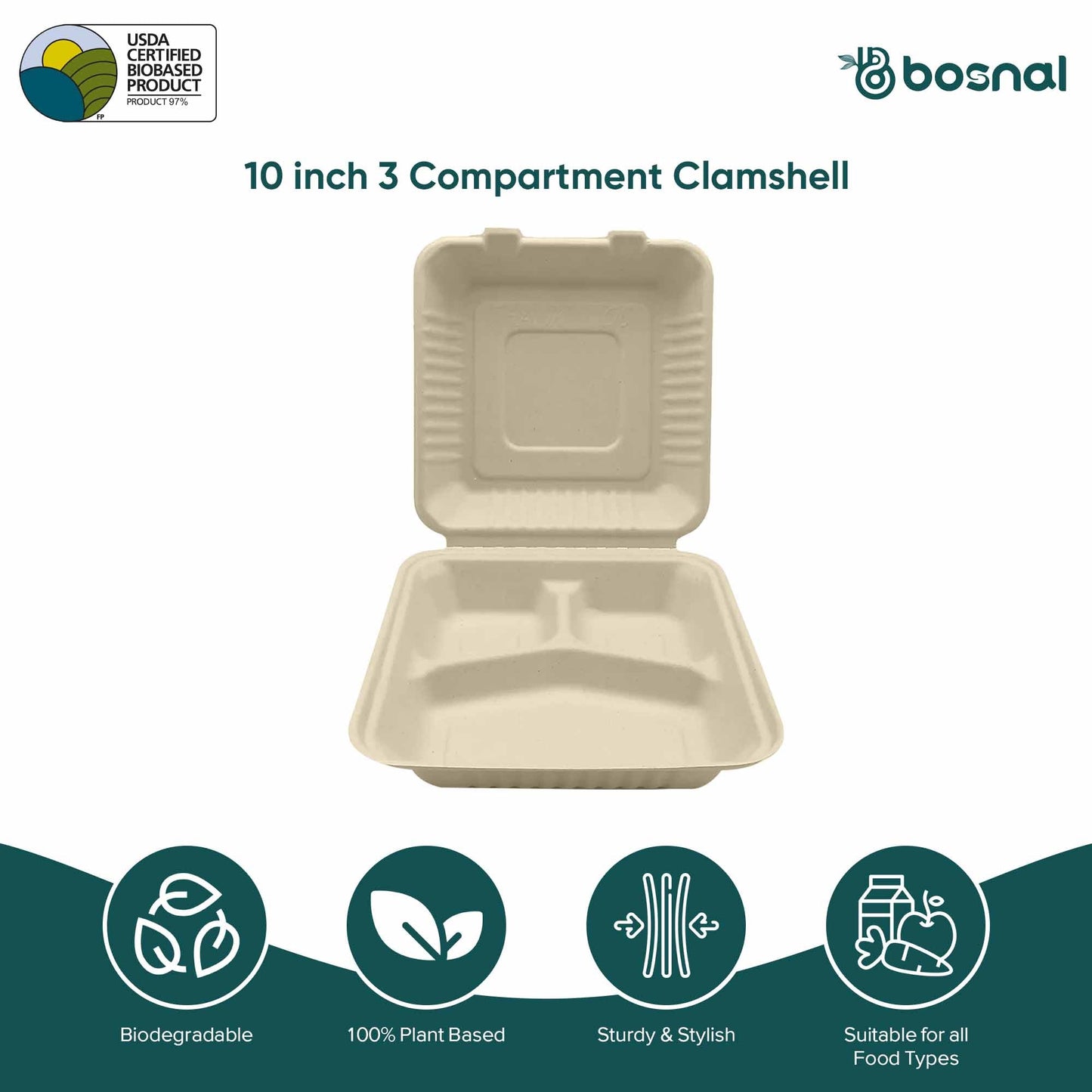 Bosnal - Sugarcane Bagasse Compostable 9 Inch 3 - Compartment Clamshell - Case of 8 (200 Pcs) - themonogram manor 