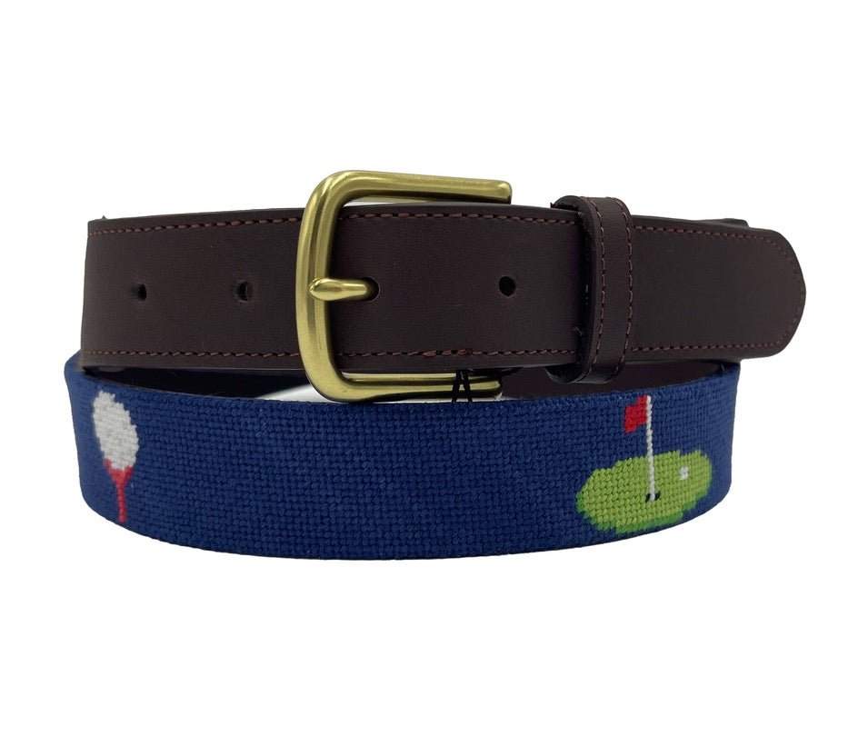 Charleston Belt Golf Green Gator Croc Leather Hand - stitched Needlepoint Belt Navy Blue - themonogram manor 