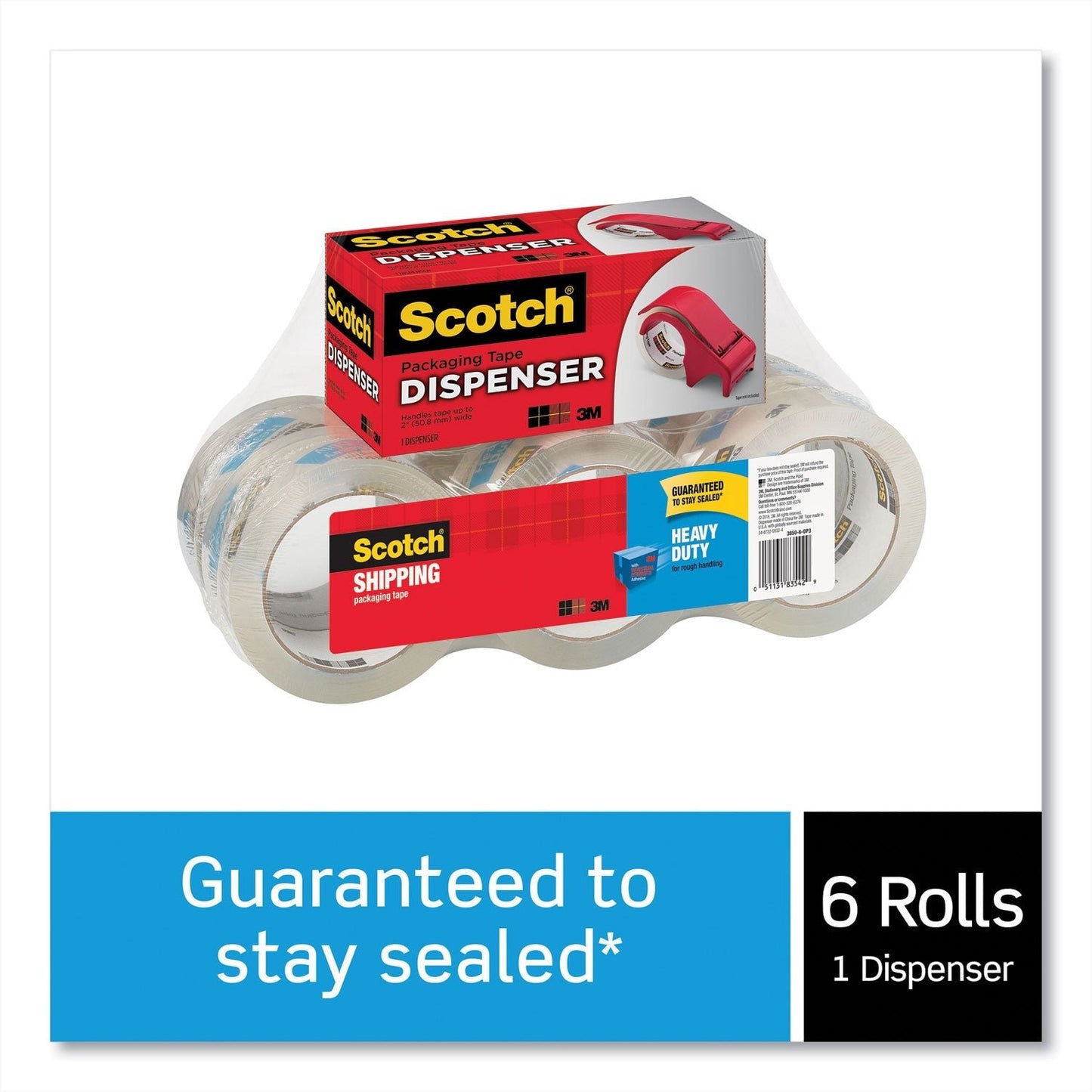 Scotch 3850 Heavy - Duty Packaging Tape with DP300 Dispenser, 3" Core, 1.88" x 54.6 yds, Clear, 6/Pack - themonogram manor 