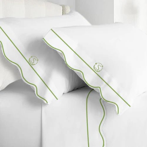 Monogram 400TC Cotton Scallop Embroidery & Border Sateen Solid Sheet Set - themonogram manor 