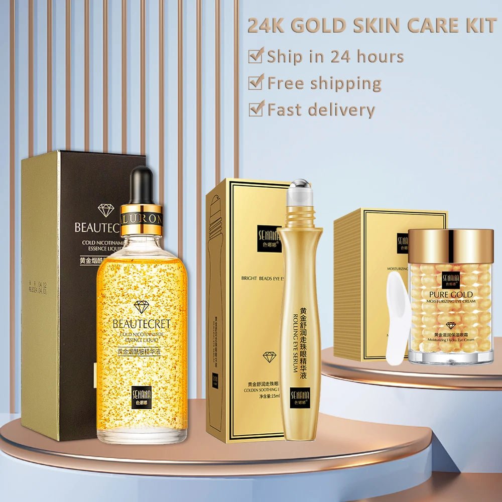 Face Cream Kit 24K Gold Niacinamide Essence Remove Dark Eye Circles Eye Serum Firming Eye Cream Face Care Set Korean Cosmetics - themonogram manor 