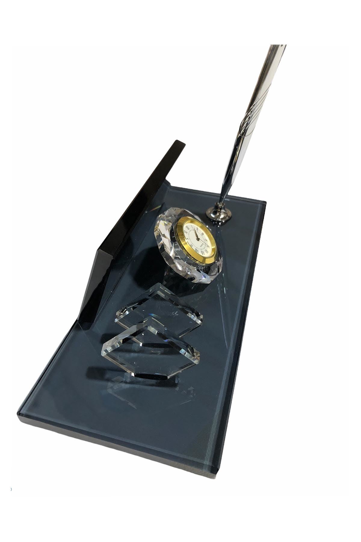 MOOG Black Glass Desk Name Plate With Clock - themonogram manor 