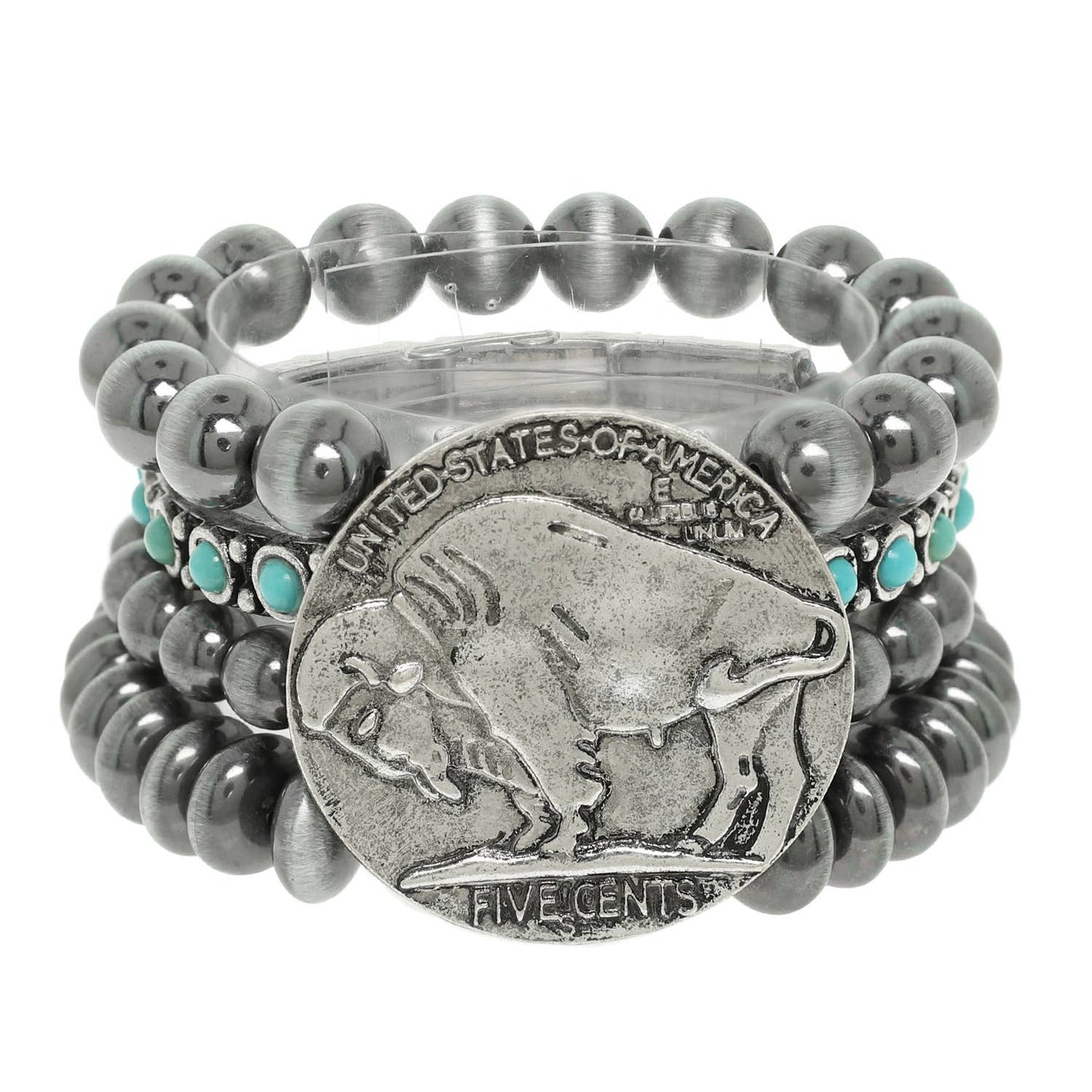 Vintage Style Buffalo Coin Pearl Bead Bracelet | Cowgirl Western Boho Bison Coin Beaded Stacked Stretch Bracelet - themonogram manor 