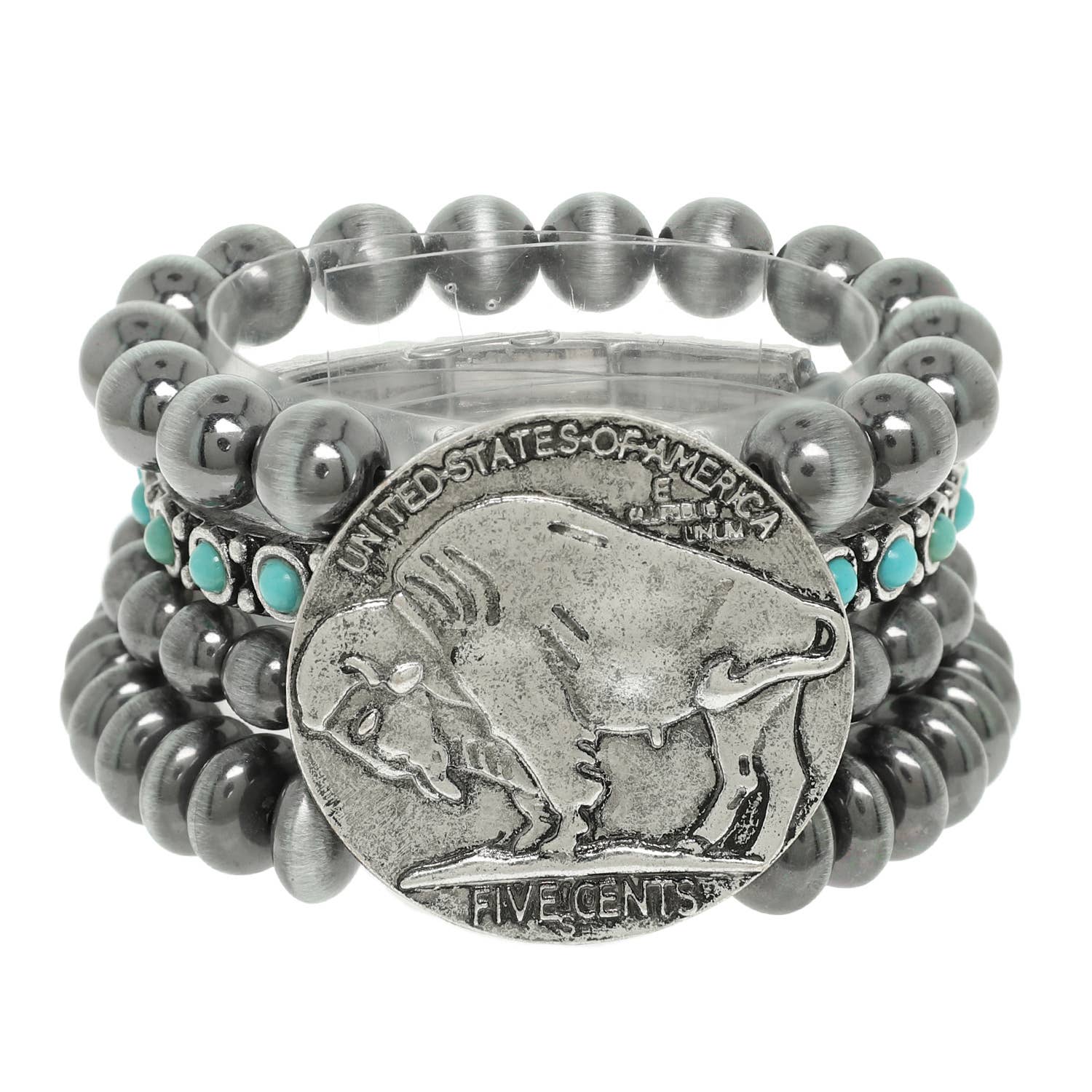 Vintage Style Buffalo Coin Pearl Bead Bracelet | Cowgirl Western Boho Bison Coin Beaded Stacked Stretch Bracelet - themonogram manor 