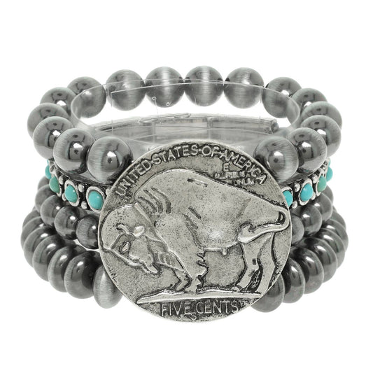 Vintage Style Buffalo Coin Pearl Bead Bracelet | Cowgirl Western Boho Bison Coin Beaded Stacked Stretch Bracelet - themonogram manor 