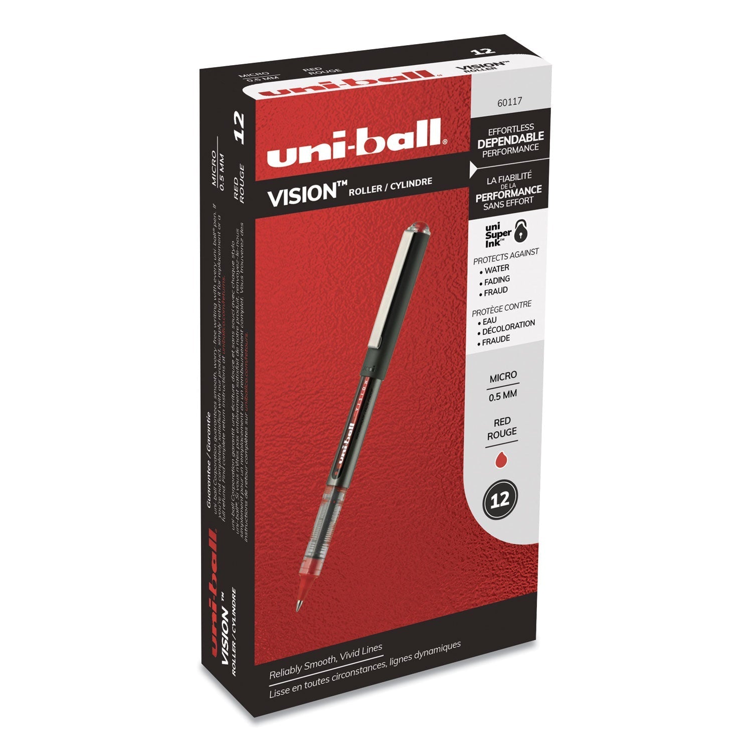 uniball VISION Roller Ball Pen, Stick, Micro 0.5 mm, Red Ink, Gray/Red Barrel, Dozen - themonogram manor 