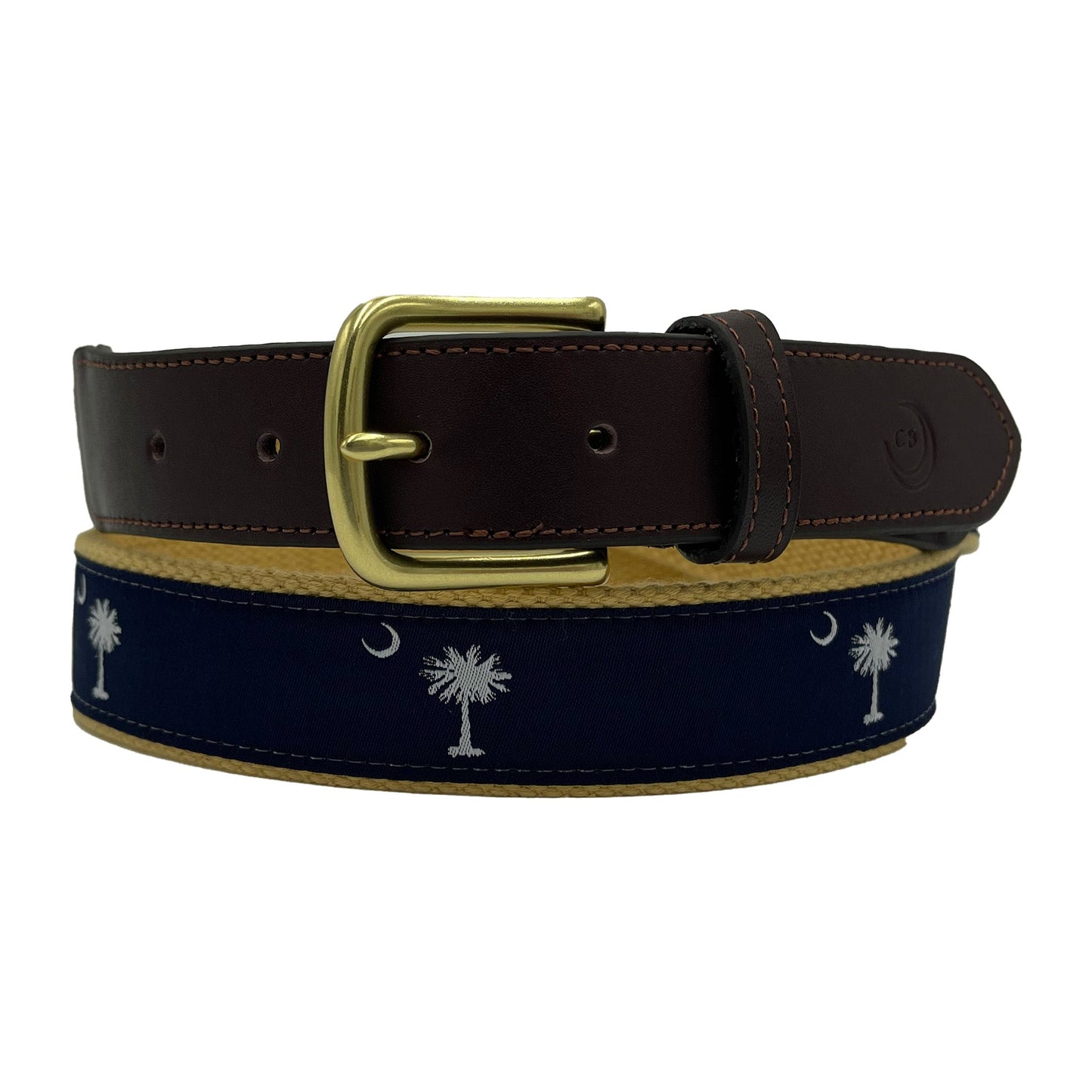 Navy on Khaki - South Carolina Crescent Moon Palmetto State Flag Belt - themonogram manor 