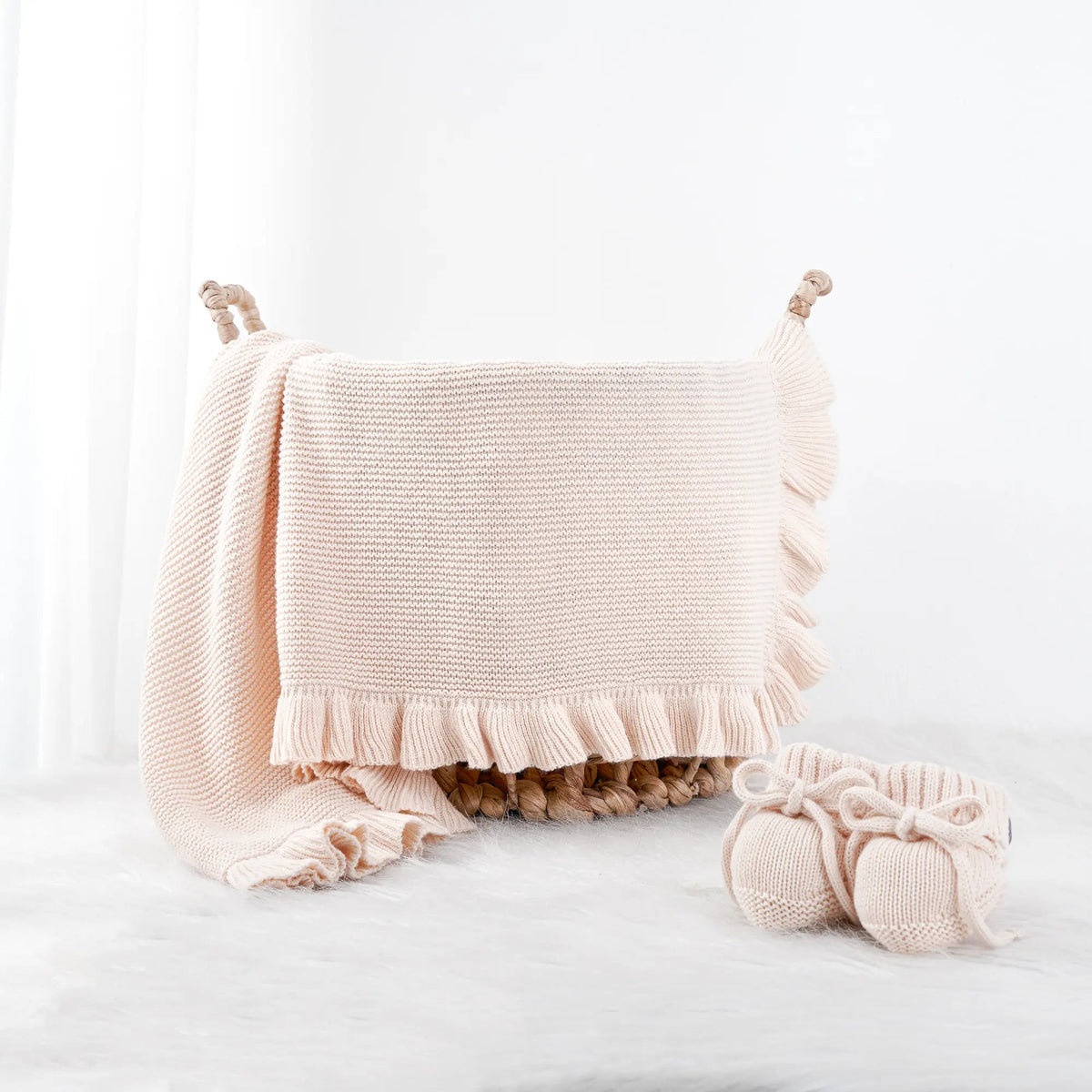 Ruffled Edge Knit Baby Blanket in Beige - themonogram manor 