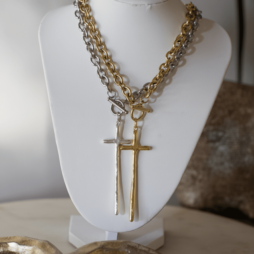 Elongated Cross Toggle Necklace - Stainless Steel & Gold - Plated Pewter | Deep South Originals - themonogram manor 