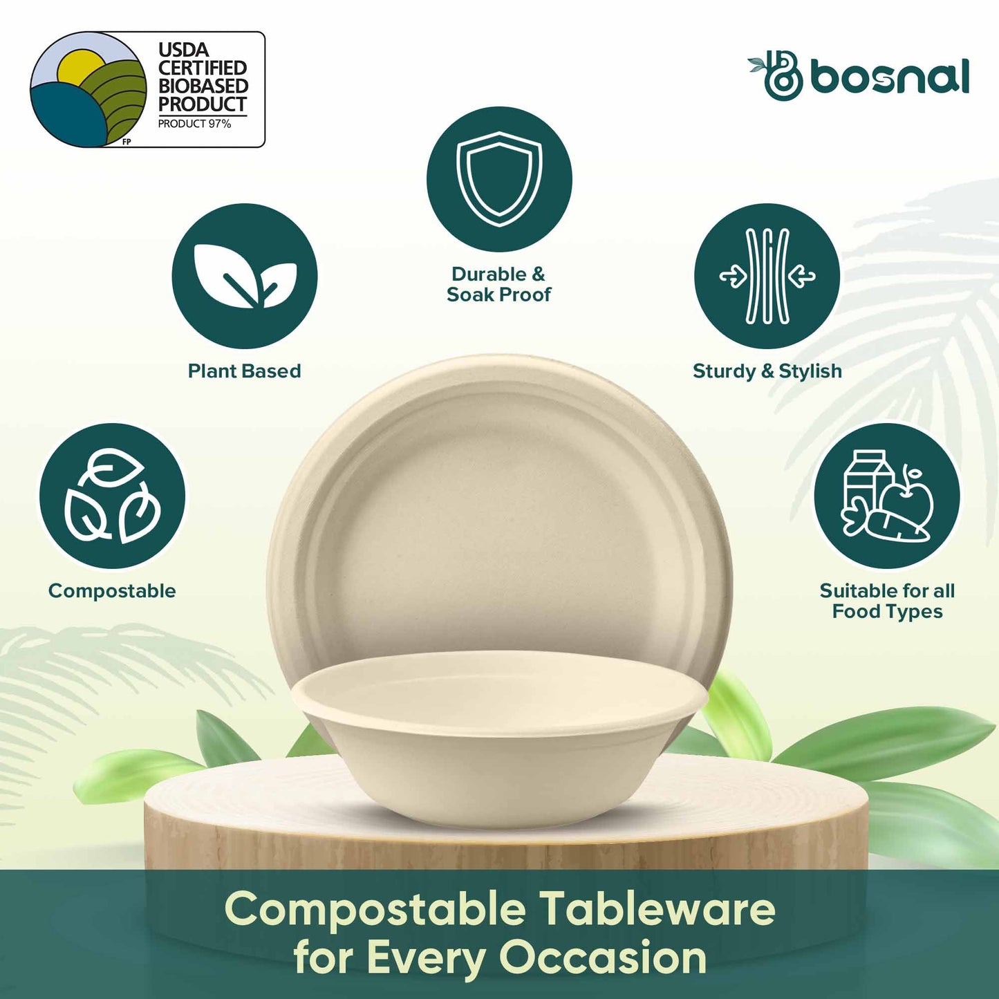 Bosnal - Sugarcane Bagasse Compostable 10 inch Round Plates with 32 Oz Bowls - themonogram manor 