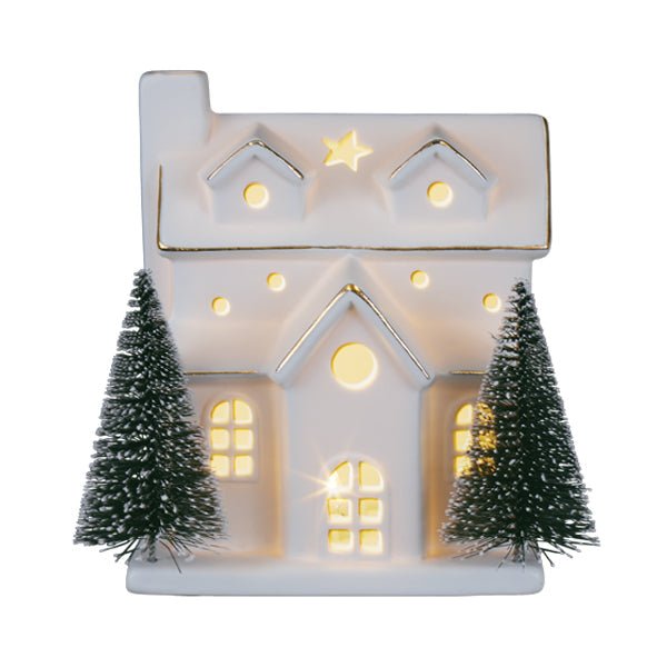 Lit Ceramic House With Trees - themonogram manor 
