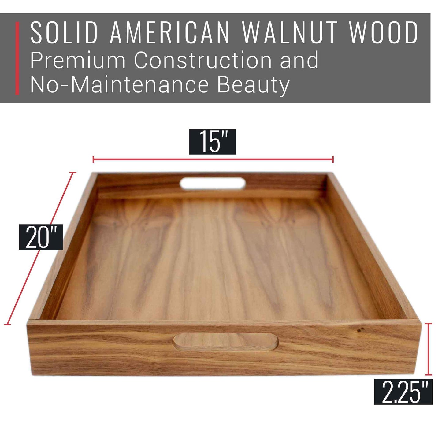 20 x 15 Inch Rectangular Walnut Wood Serving and Coffee Table Tray with Handles - themonogram manor 