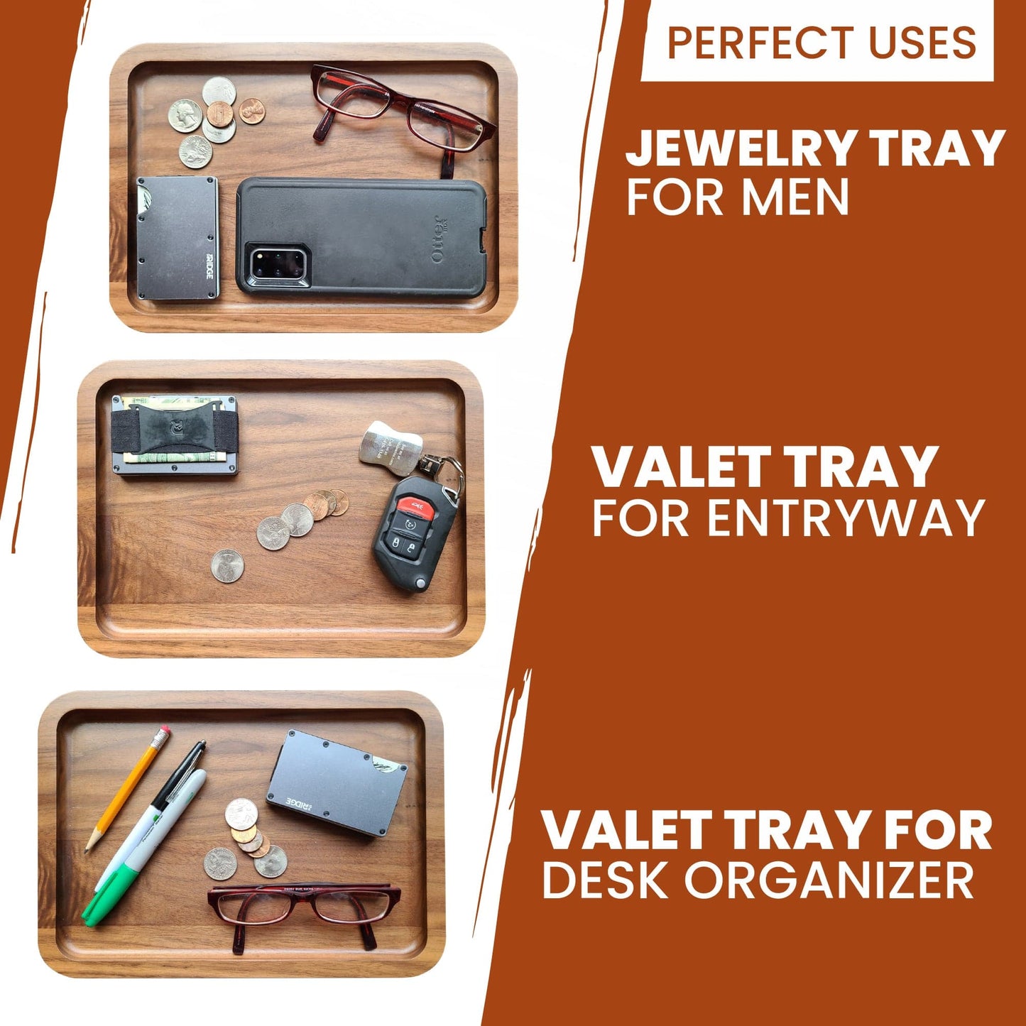 Valet Tray - Catch All Tray - Accessories Organizer - Walnut Wood - themonogram manor 