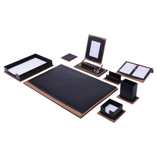 MOOG Star Leather Desk Set - Walnut Wood Combination - Black - 11 PCS - themonogram manor 