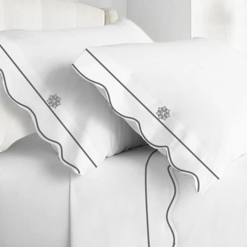 Monogram 400TC Cotton Scallop Embroidery & Border Sateen Solid Sheet Set - themonogram manor 