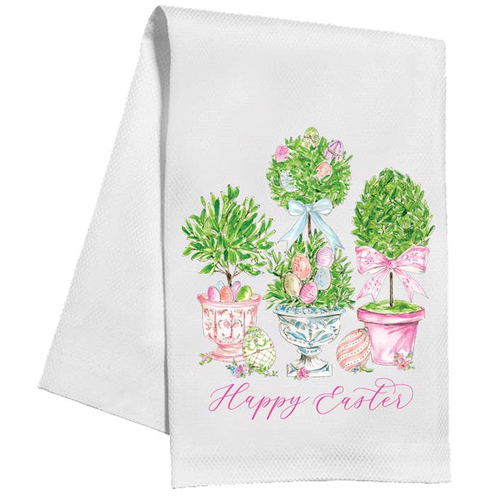 Happy Easter Topiaries in Pots with Eggs Kitchen Towel - themonogram manor 