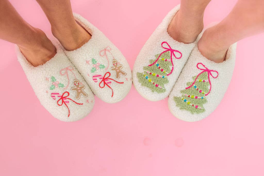 Pink Bow Christmas Tree Slippers - Adult - 4 sizes - themonogram manor 