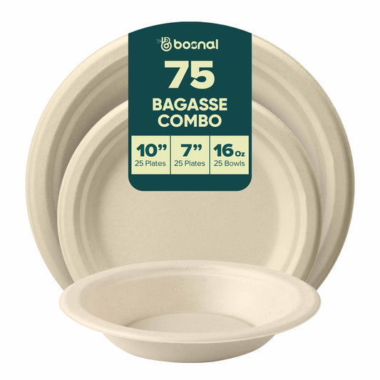Bosnal – Sugarcane Bagasse Compostable 10 inch & 7 inch Round Plates with 16 Oz Bowls - themonogram manor 
