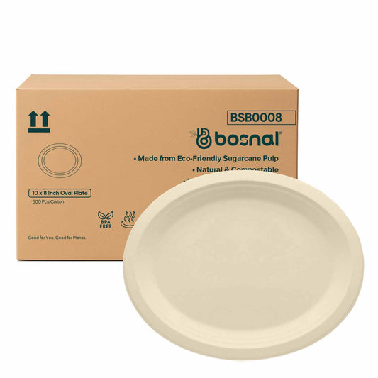 Bosnal - Sugarcane Bagasse Compostable 10 inch Oval Plates - Case of 20 (500 Pcs) - themonogram manor 