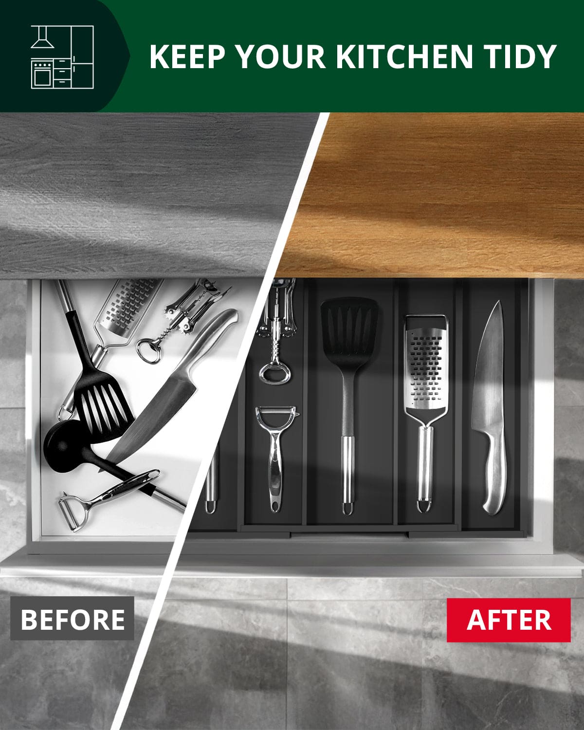 Utensil Drawer Organizer, Black (5 Slots) - themonogram manor 