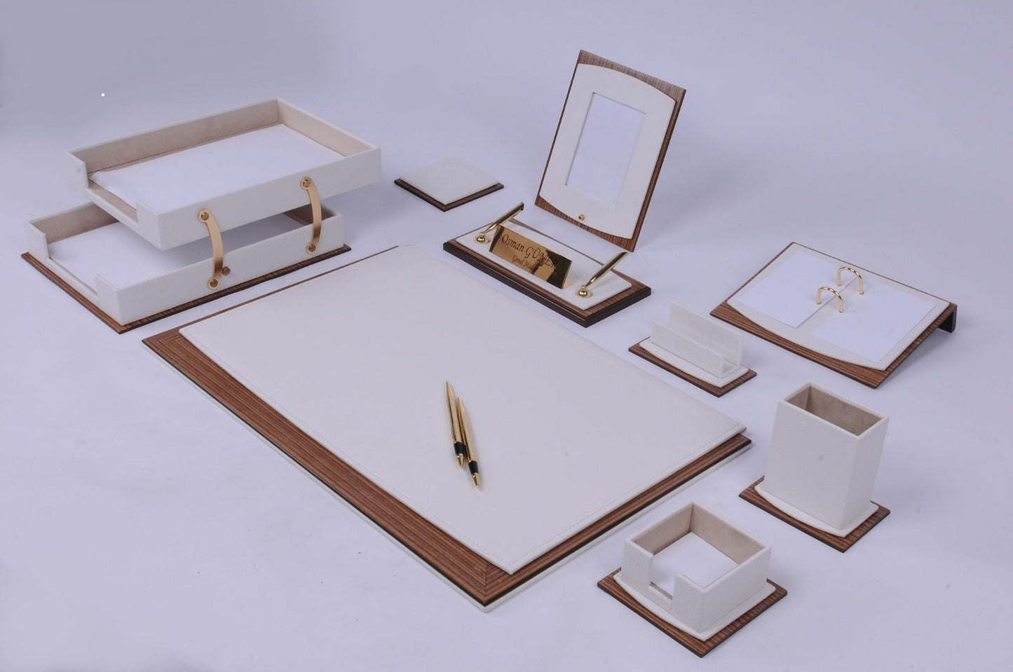MOOG Star Leather Desk Set - Walnut Wood Combination - Double Document Tray - Gray - 11 PCS - themonogram manor 