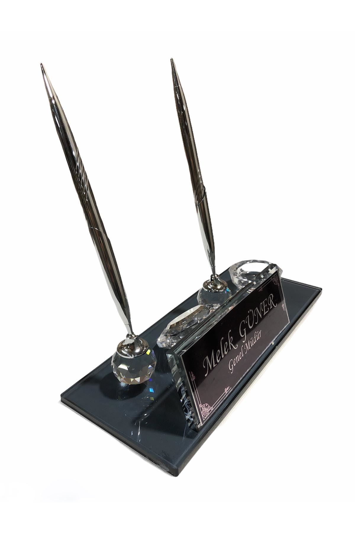 MOOG Black Glass Desk Name Plate With Clock - themonogram manor 
