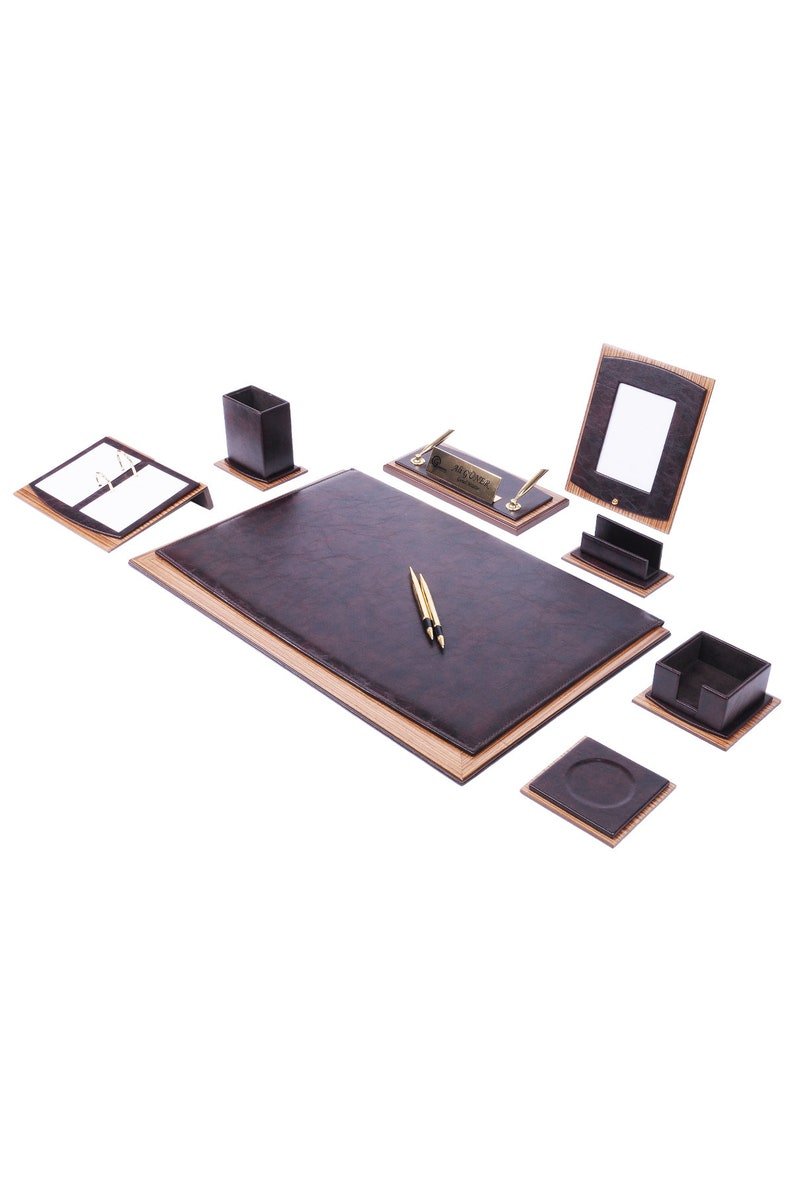 MOOG Star Leather Desk Set - Walnut Wood Combination - White - 10 PCS - themonogram manor 