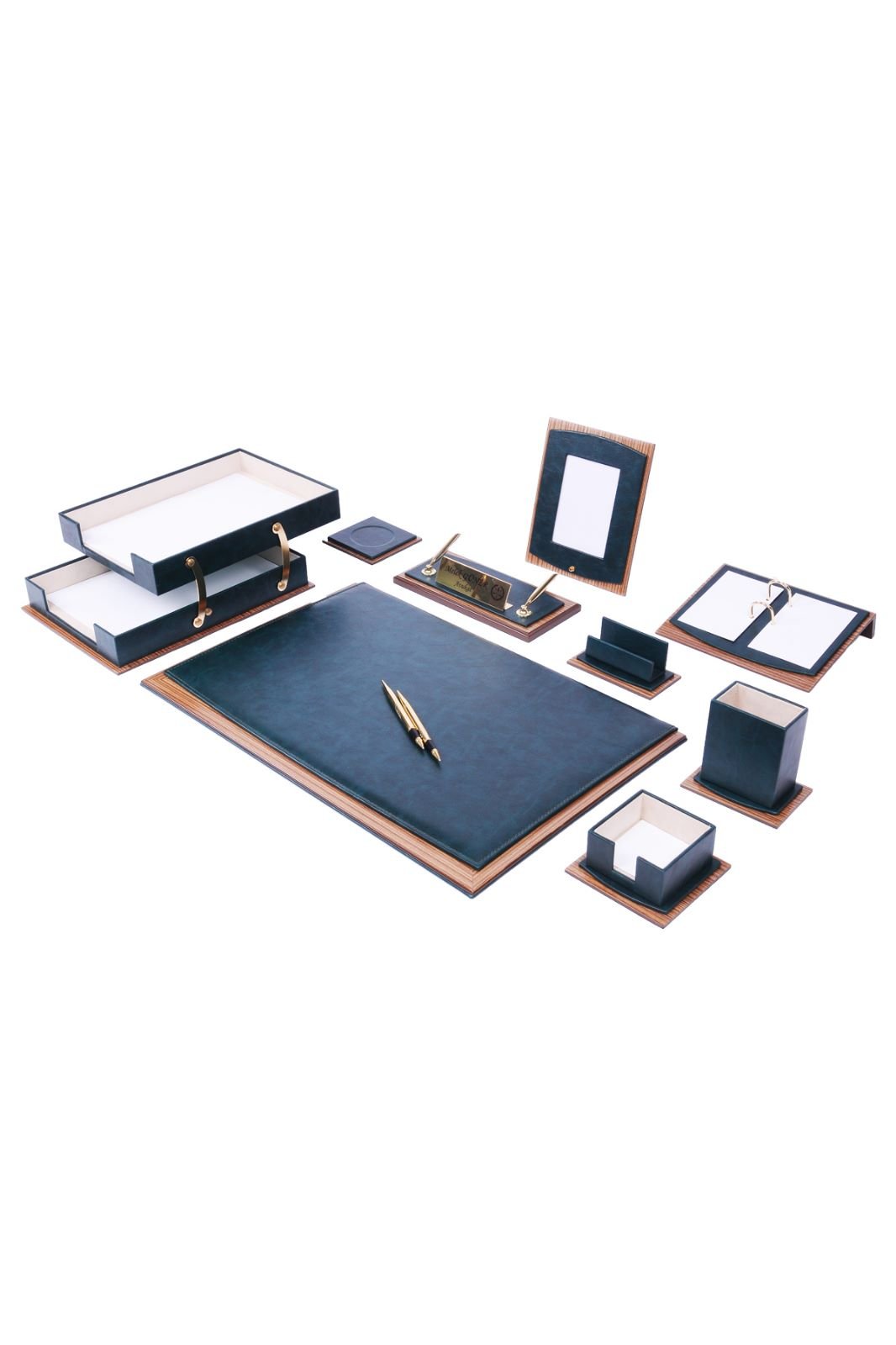 MOOG Star Leather Desk Set - Walnut Wood Combination - Double Document Tray - Gray - 11 PCS - themonogram manor 