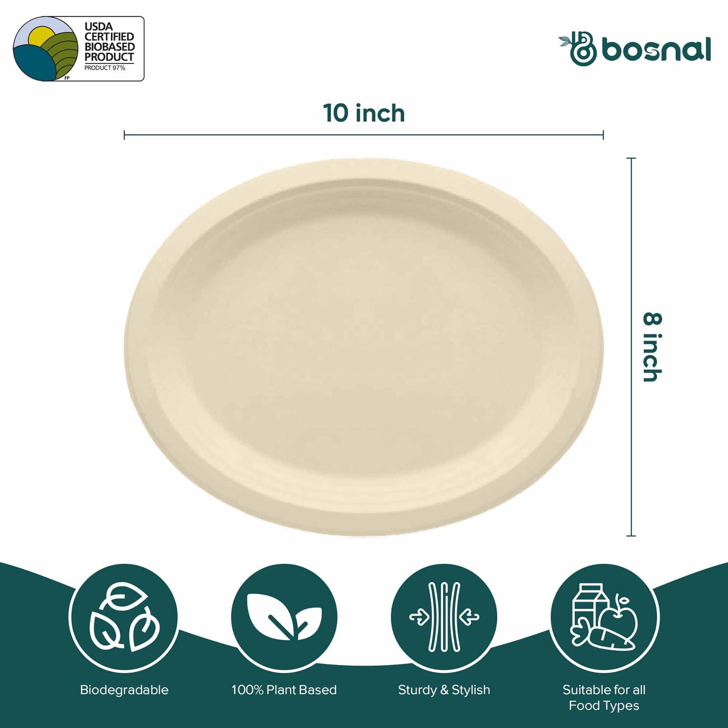 Bosnal - Sugarcane Bagasse Compostable 10 inch Oval Plates - Case of 20 (500 Pcs) - themonogram manor 