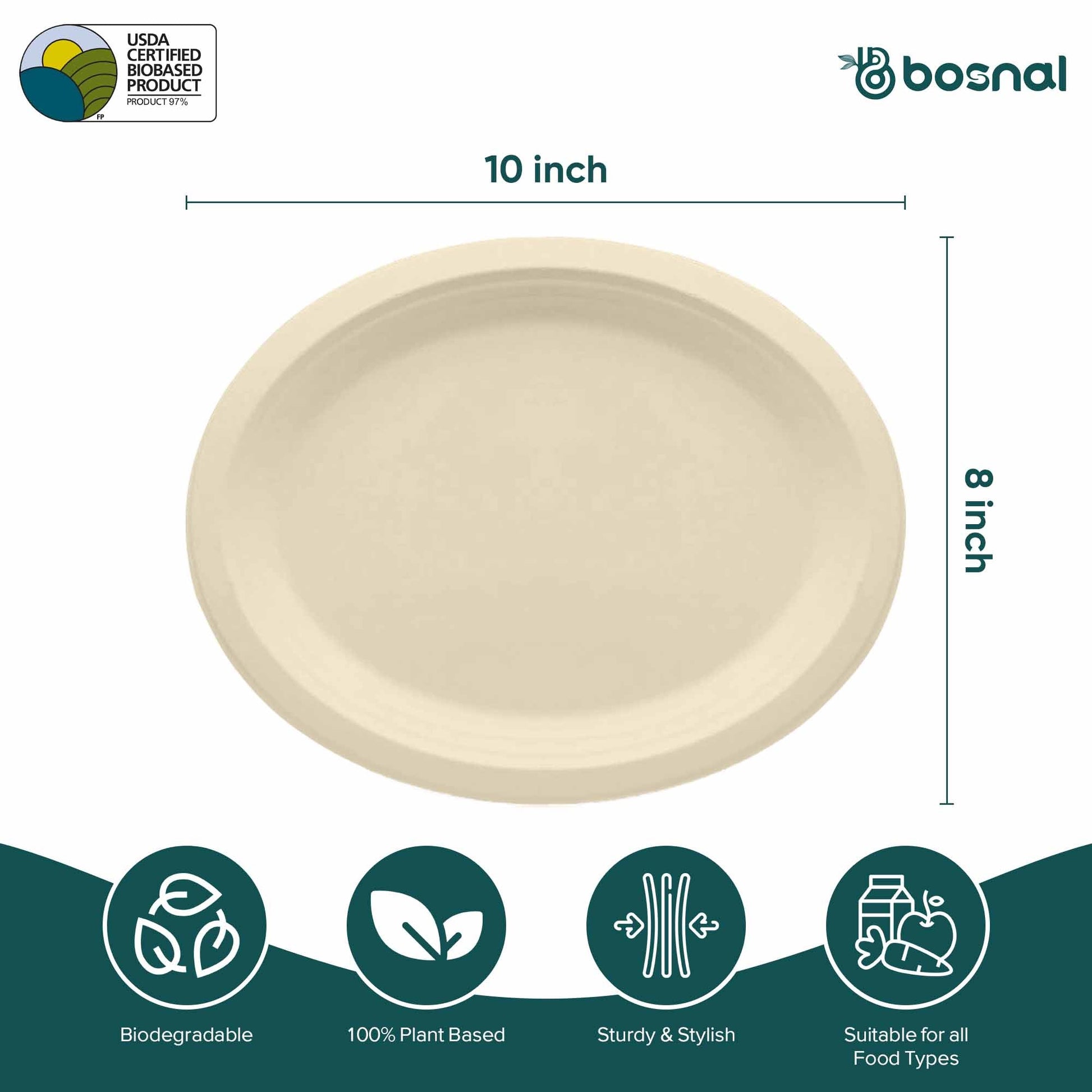 Bosnal - Sugarcane Bagasse Compostable 10 inch Oval Plates - Case of 20 (500 Pcs) - themonogram manor 