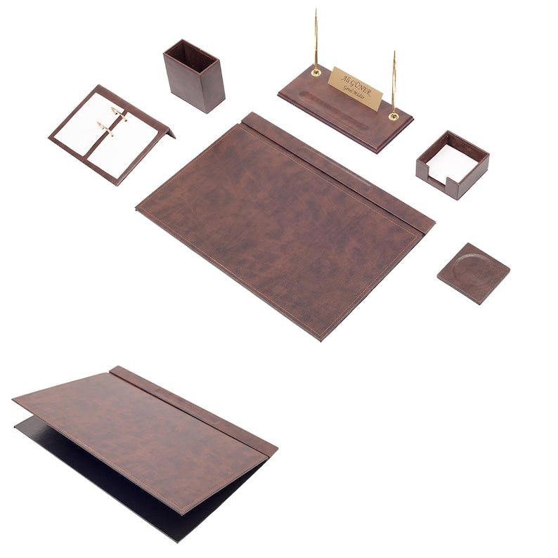 MOOG Leather Desk Set - 8 Accessories - Brown - 8 PCS - themonogram manor 