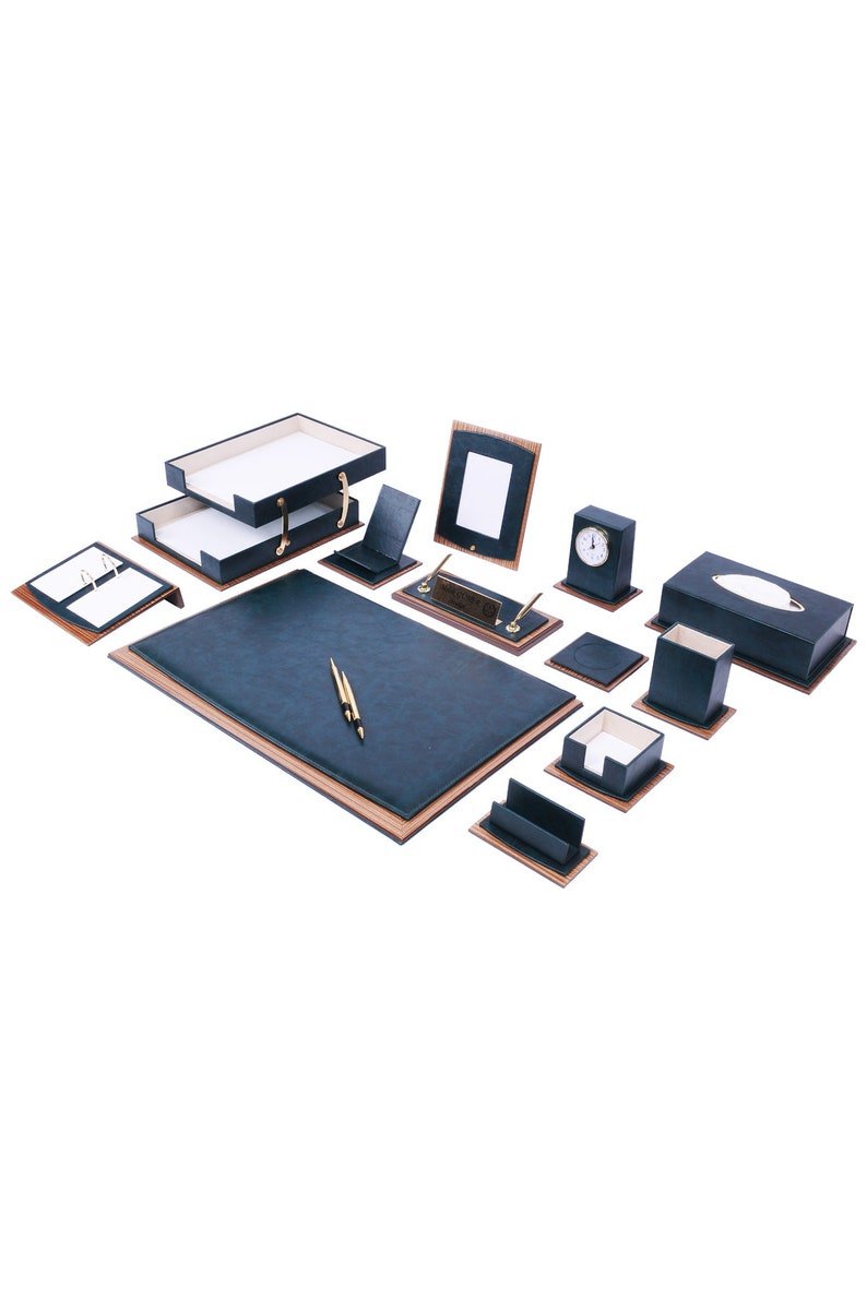 MOOG Star Lux Leather Desk Set - Walnut Wood Combination - Gray - 14 PCS - themonogram manor 