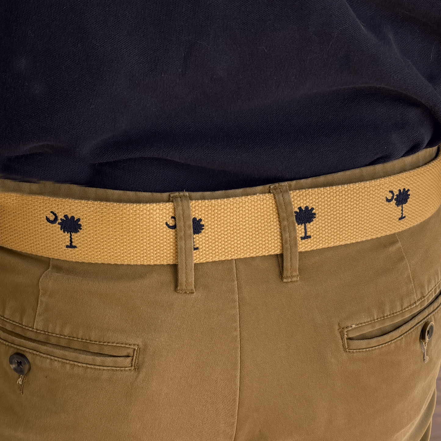 SC State Flag Palmetto Moon Belt Beige Navy Blue Embroidered Woven Web Award Winning Design - themonogram manor 
