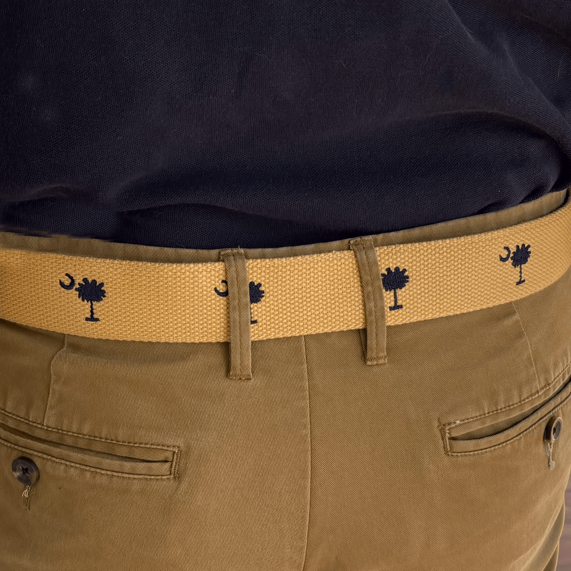 SC State Flag Palmetto Moon Belt Beige Navy Blue Embroidered Woven Web Award Winning Design - themonogram manor 