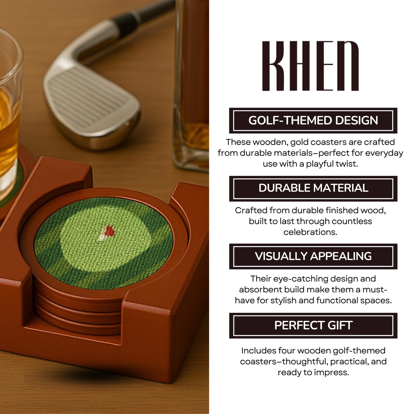 Golf Coasters, Durable Wooden Drink Coasters with Holder - themonogram manor 