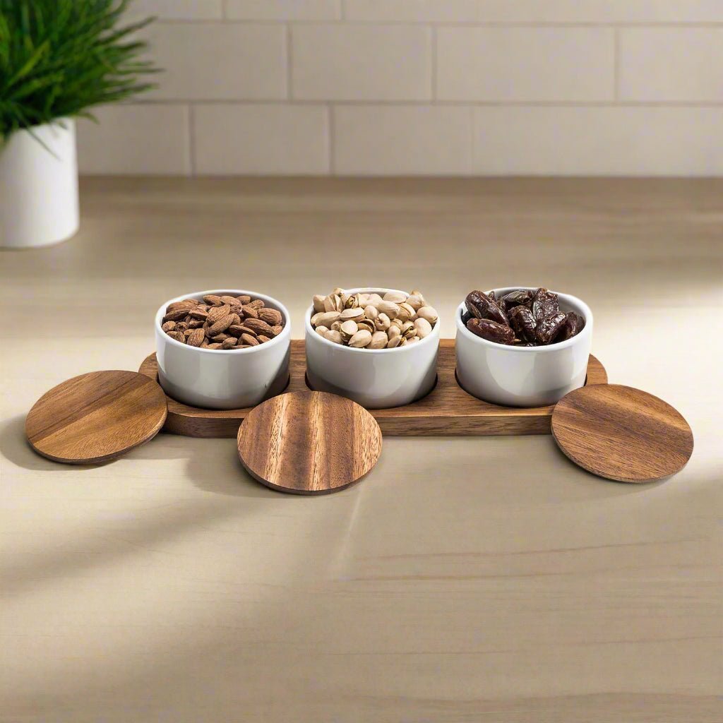 Ceramic Condiment Set on Acacia Wood Base - themonogram manor 