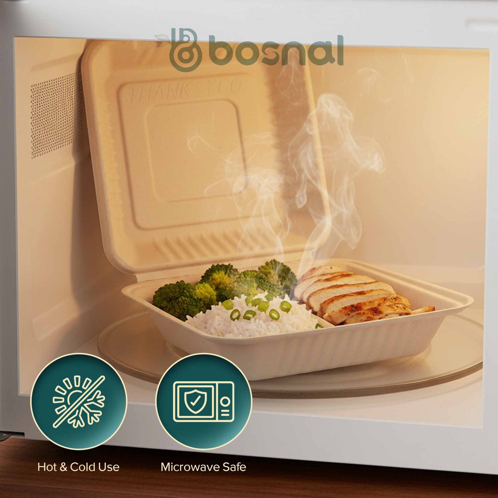 Bosnal - Sugarcane Bagasse Compostable 9 Inch 3 - Compartment Clamshell - Case of 8 (200 Pcs) - themonogram manor 