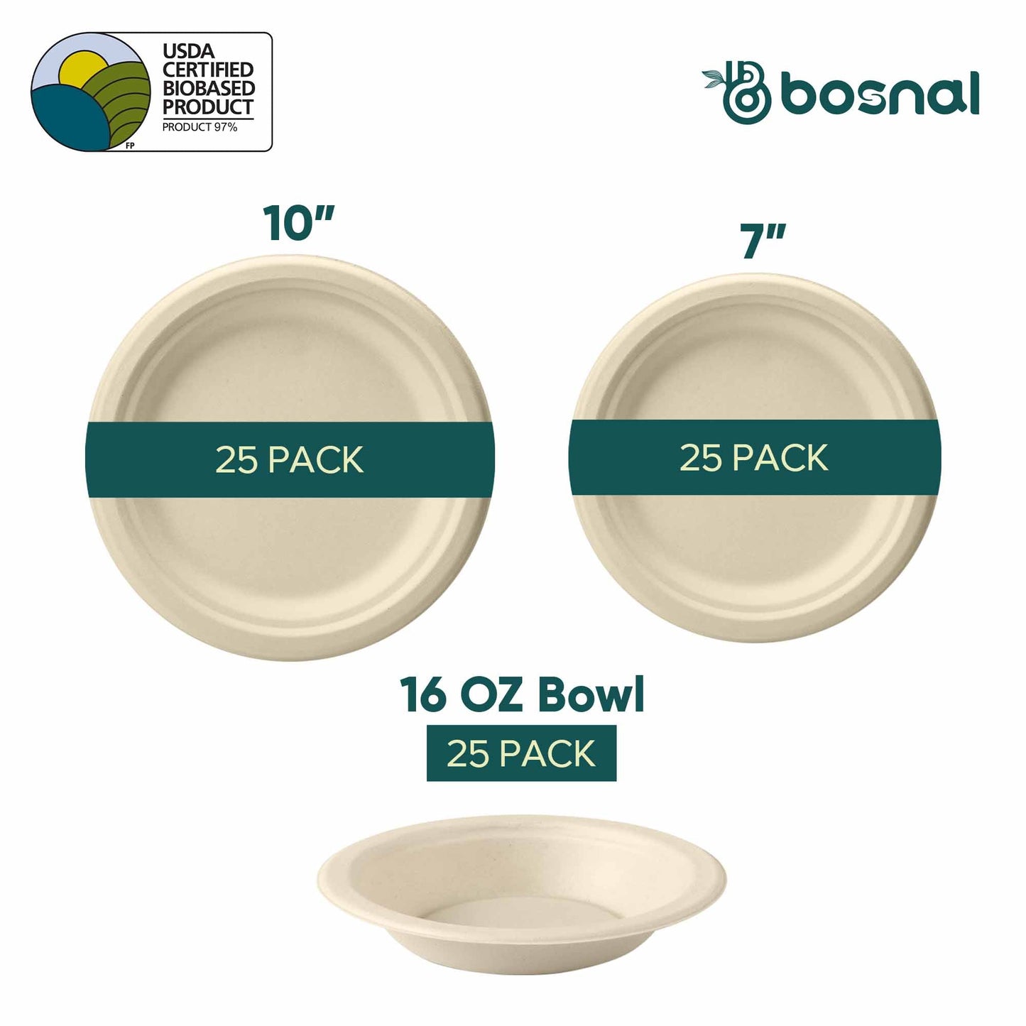 Bosnal – Sugarcane Bagasse Compostable 10 inch & 7 inch Round Plates with 16 Oz Bowls - themonogram manor 
