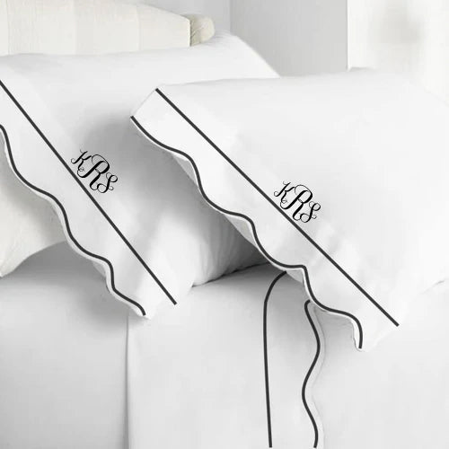 Monogram 400TC Cotton Scallop Embroidery & Border Sateen Solid Sheet Set - themonogram manor 