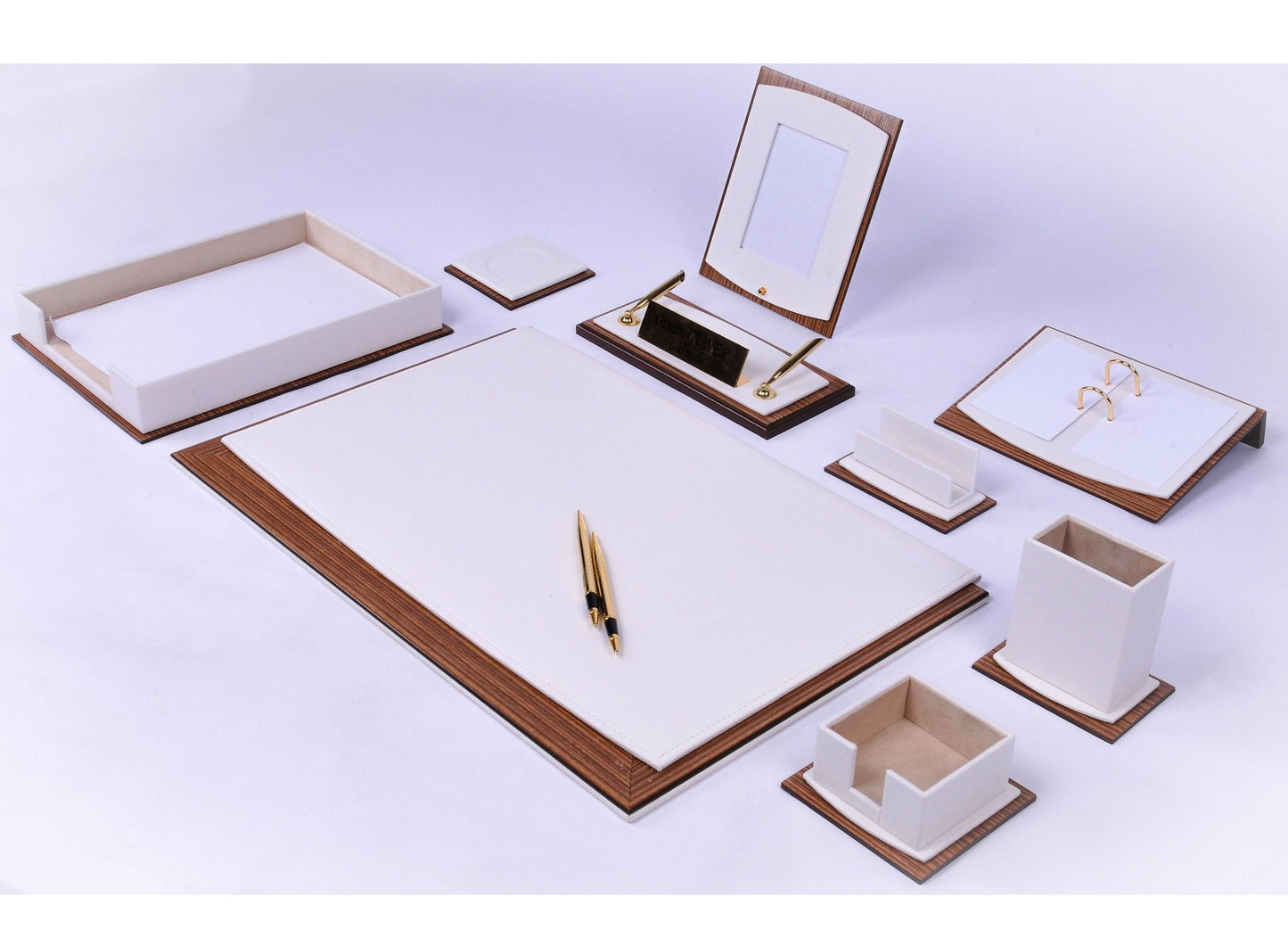 MOOG Star Leather Desk Set - Walnut Wood Combination - Brown - 11 PCS - themonogram manor 