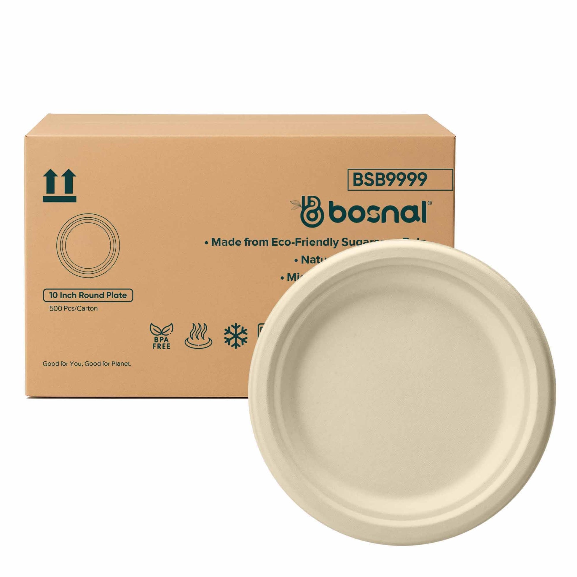 Bosnal - Sugarcane Bagasse Compostable 10 inch Round Plates - Case of 20 (500 Pcs) - themonogram manor 