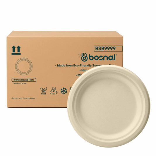 Bosnal - Sugarcane Bagasse Compostable 10 inch Round Plates - Case of 20 (500 Pcs) - themonogram manor 