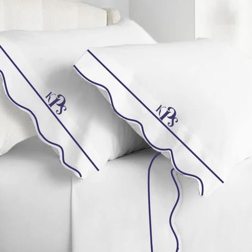 Monogram 400TC Cotton Scallop Embroidery & Border Sateen Solid Sheet Set - themonogram manor 