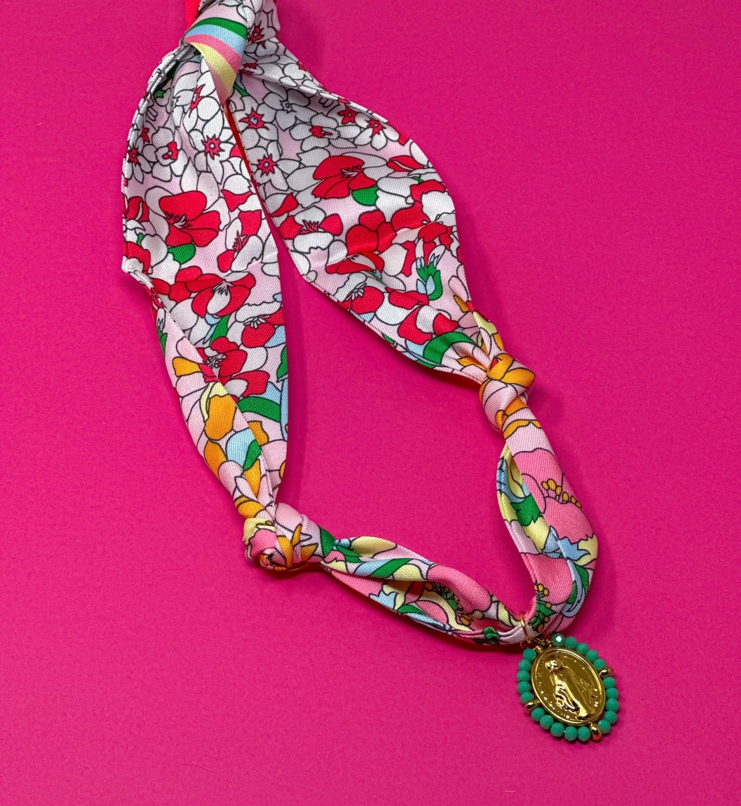 Scarf Charm Necklace - Pink Multi Flower with Mary Pendant with Turquoise - themonogram manor 