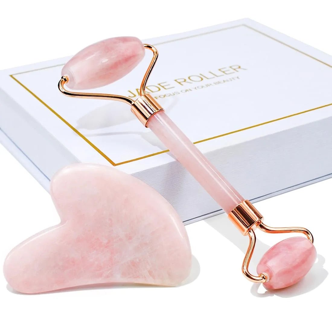 Jade Roller & Gua Sha, Natural Jade Face Roller Gua Sha Facial Tools Skin Care Massager, Pink - themonogram manor 