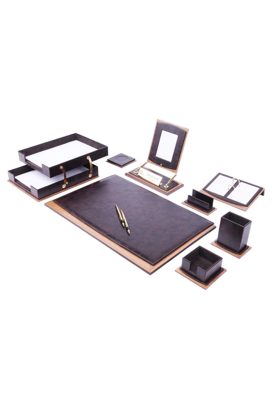 MOOG Star Leather Desk Set - Walnut Wood Combination - Double Document Tray - Brown - 11 PCS - themonogram manor 