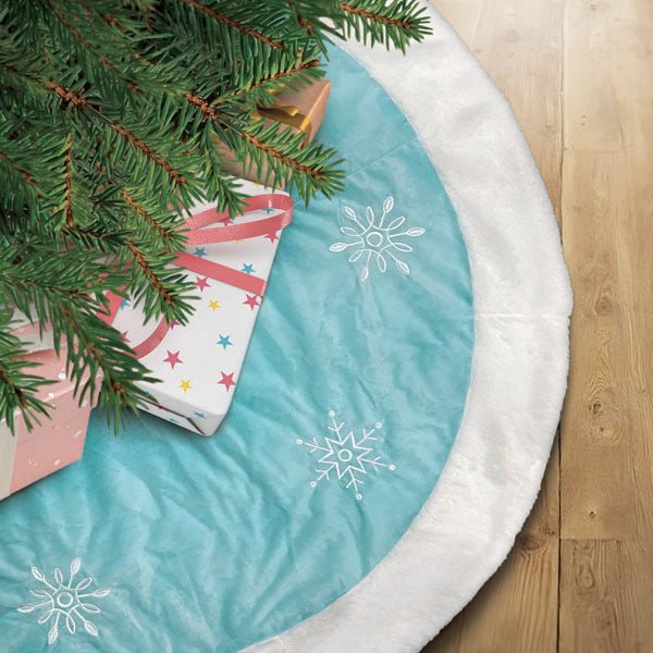 48" Pastel Blue Snowflake Embroidered Tree Skirt With Faux Fur Trim - themonogram manor 